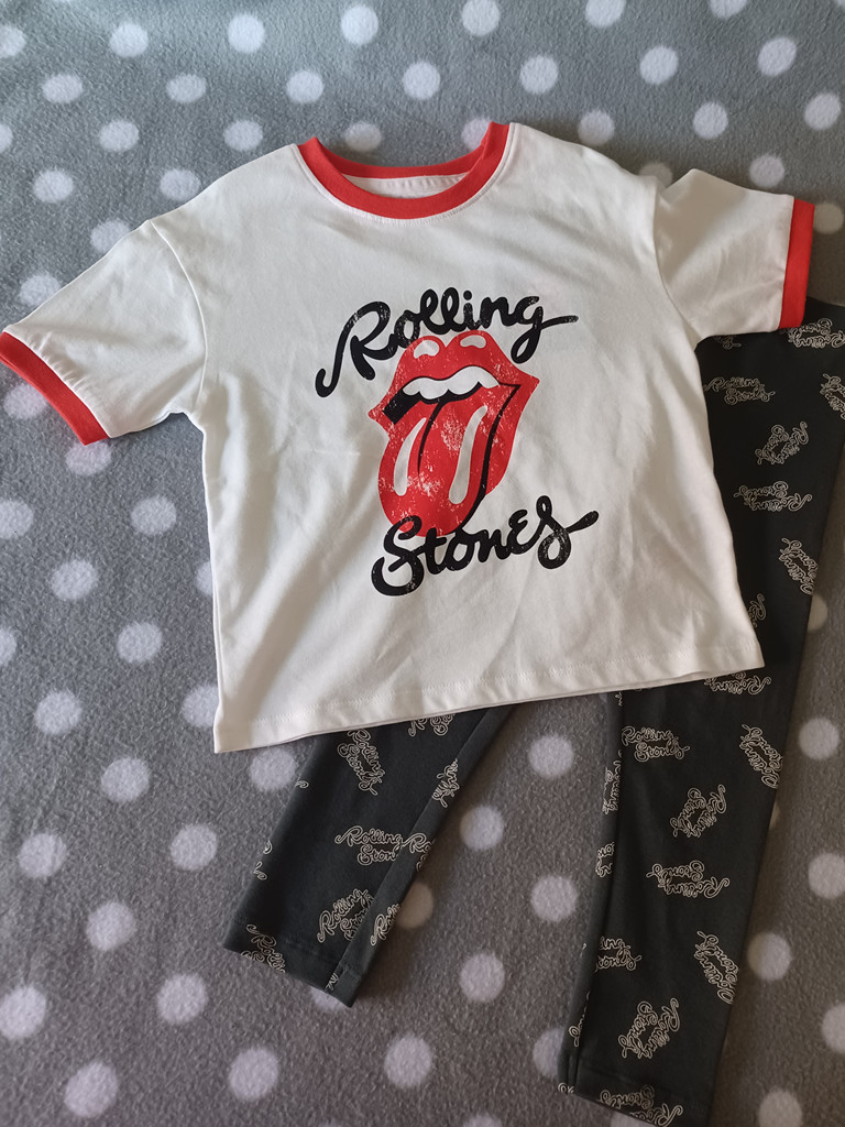 Mädchen Set Gr. 92 – Rolling Stones Shirt & Leggings in Schwarz-Weiß