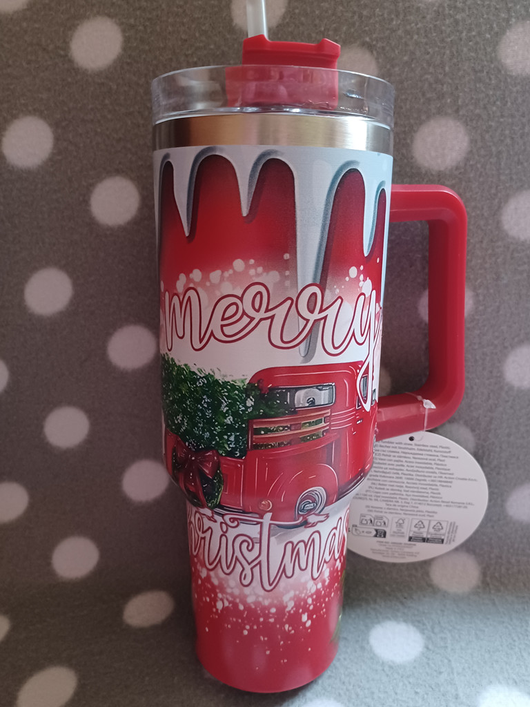 Edelstahl-Thermo-Getränkebecher 1,1 l – Rot mit weihnachtlichen Motiven Edelstahl-Thermo-Getränkebecher 1,1 l – Rot mit weihnachtlichen Motiven