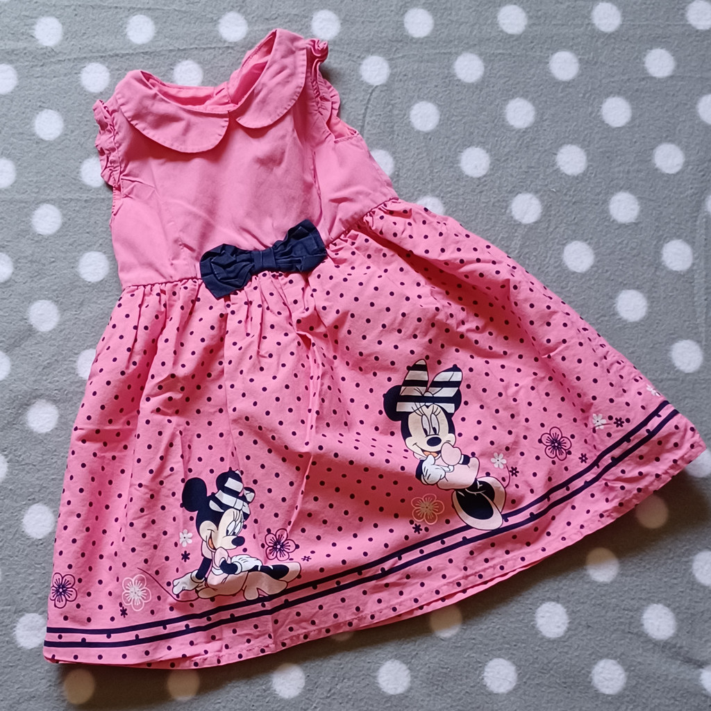 Kleid für Mädchen in Größe 80 - Rosa mit blauen Punkten - Minnie Maus Kleid für Mädchen in Größe 80 - Rosa mit blauen Punkten - Minnie Maus