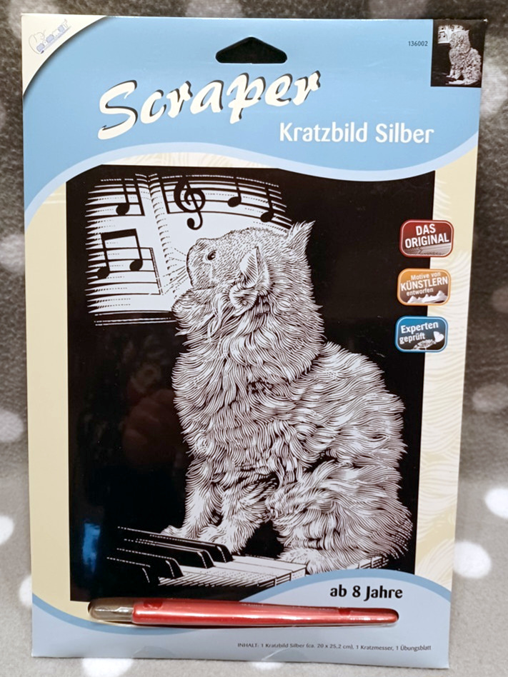 Scraper Kratzbild Silber – Katze am Klavier