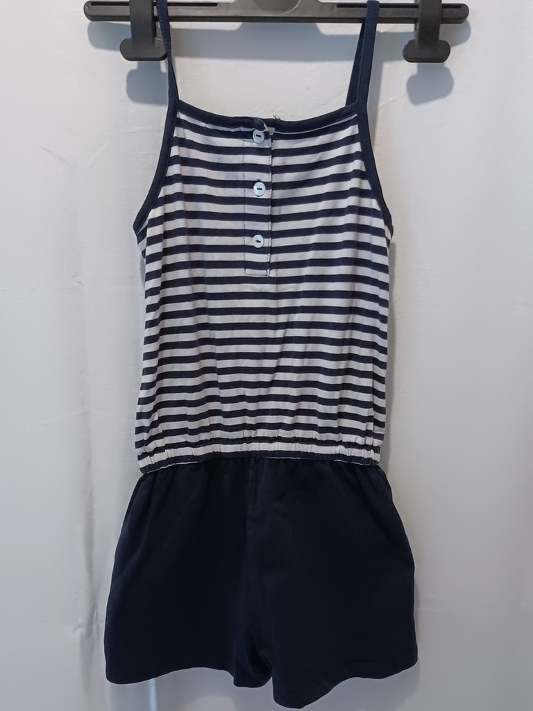Kurzer Träger Jumpsuits - Mädchen Blau/Weiß gestreift Gr.134 #17424