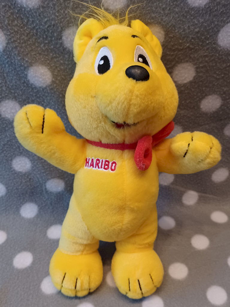 HARIBO Goldbär Plüschtier ca. 20cm Kuscheltier Stofftier Bär Gelb rote Schleife