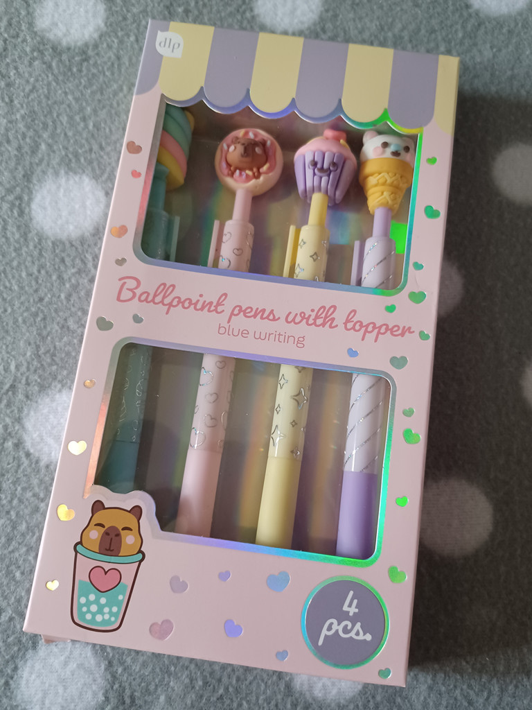 4 Kugelschreiber mit Topper niedliche Figuren blau schreibend Set
