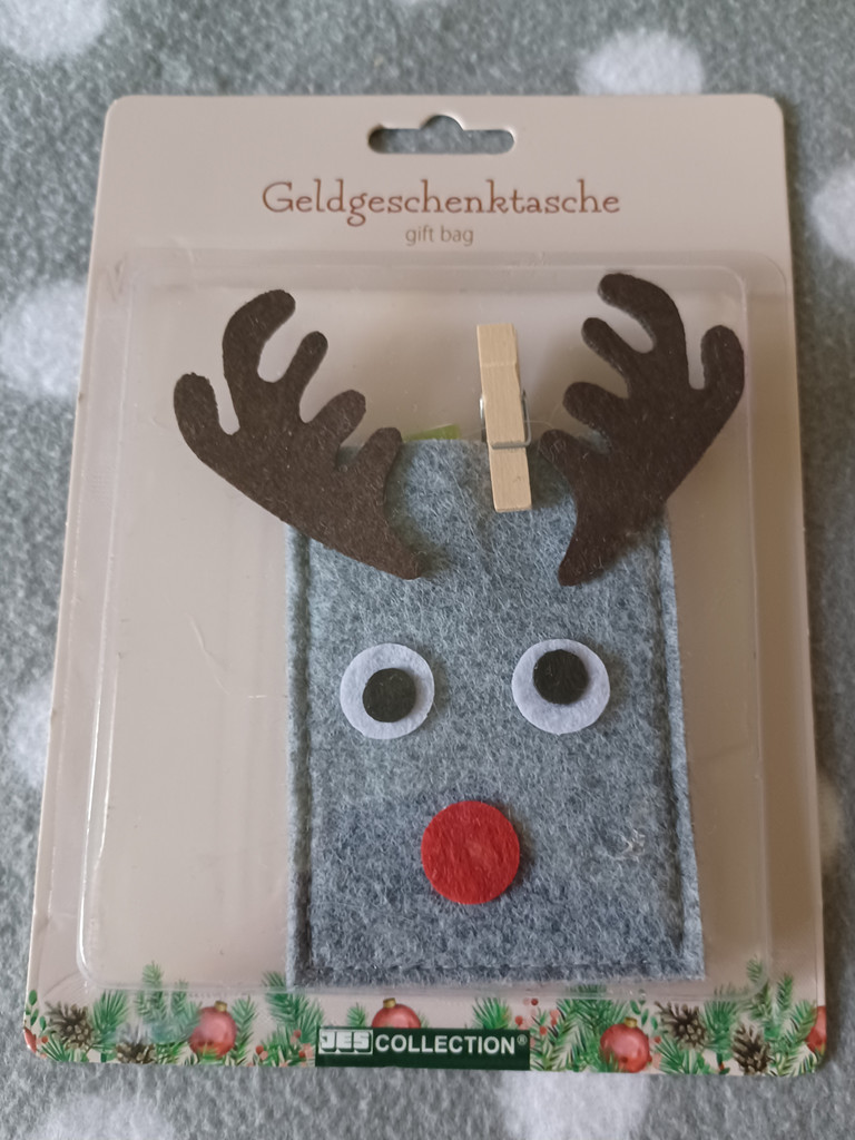 Rentier Geldgeschenktasche – grauer Filzbeutel mit Rentiergesicht & Holzklammer