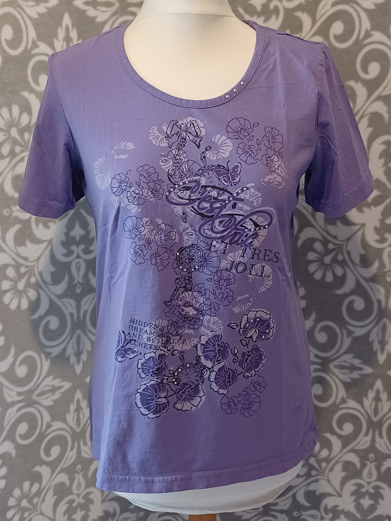 NKD Damen T-Shirt Lila Größe 42 Baumwolle mit Applikationen