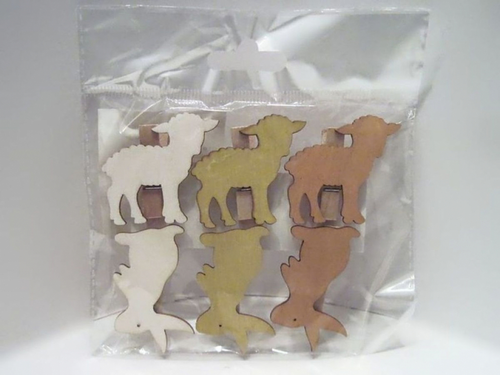 Ostern Holzfiguren mit Klammern 3x Schaf & 3x Hase in versch.n Farben #12332